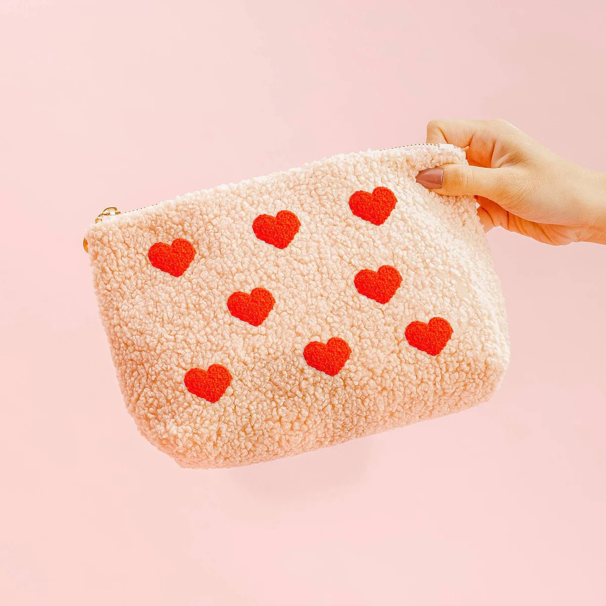 Pink Teddy Pouch - Red Hearts - Juli's Wearable Art