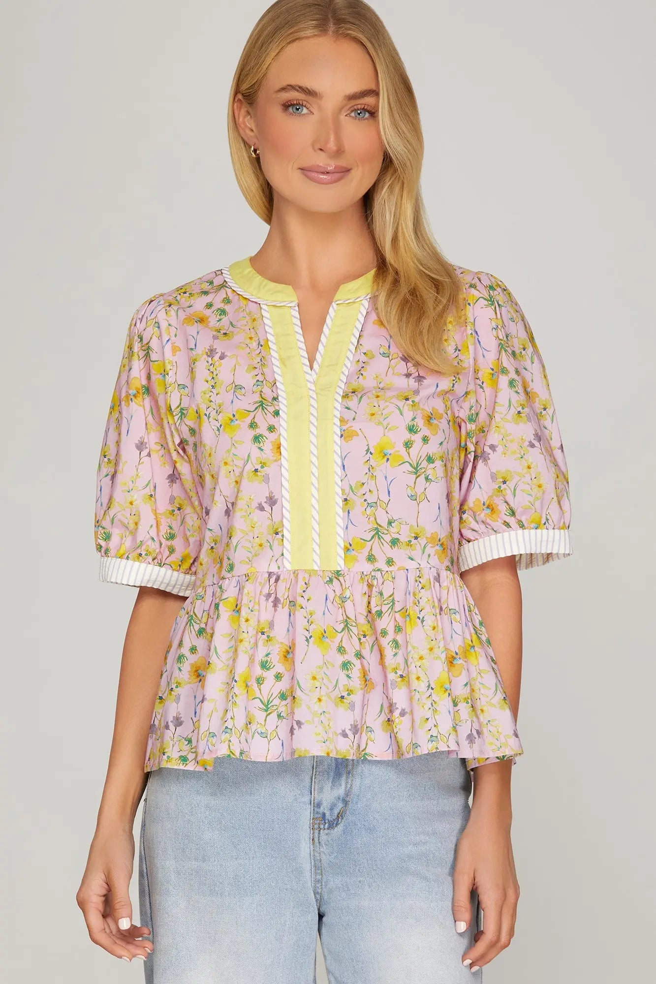 Pink Woven Print Top with Contrast Detail