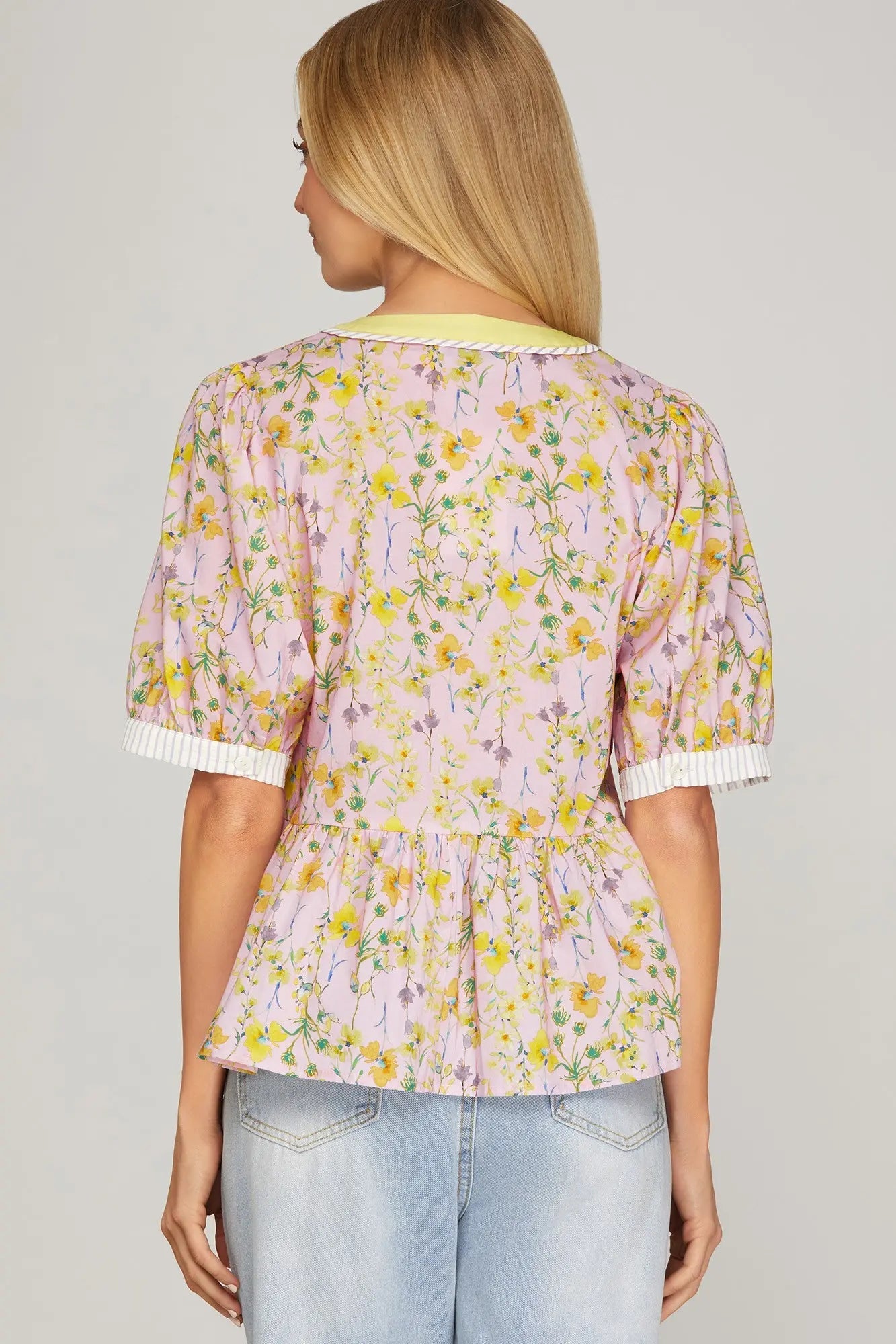 Pink Woven Print Top with Contrast Detail