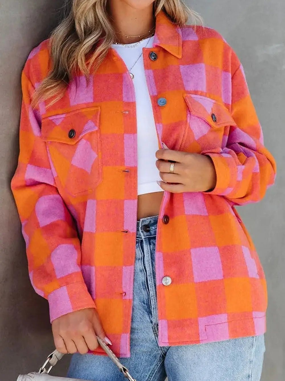 Plaid Button - Up Jacket with Chest Pockets - Juli's Wearable Art