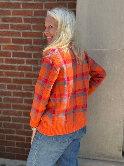 Plaid Collared Button Front Oversized Knit Sweater | Orange