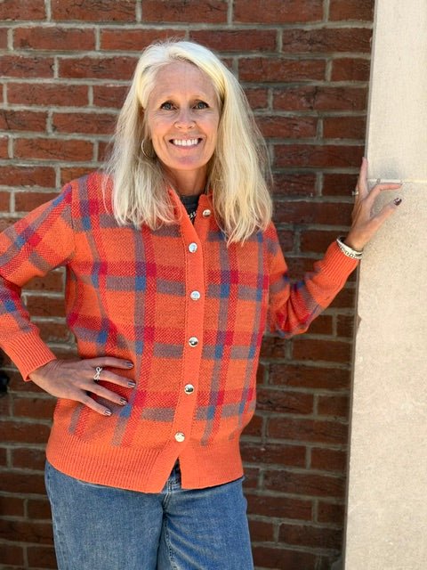 Plaid Collared Button Front Oversized Knit Sweater | Orange