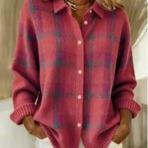 Plaid Collared Button Front Oversized Knit Sweater | Pink