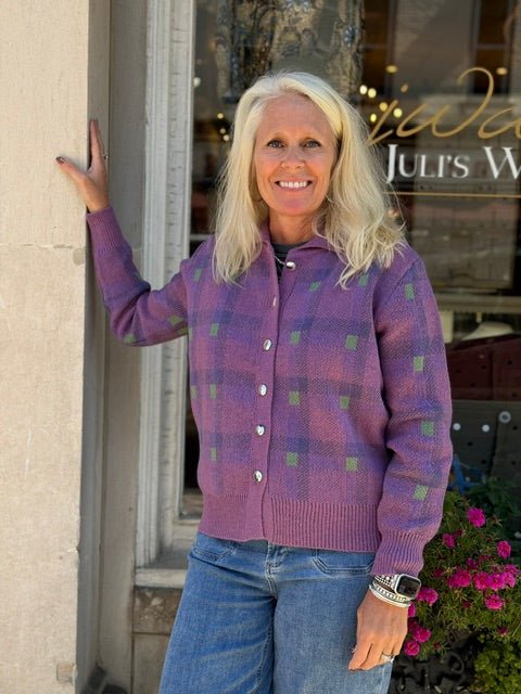 Plaid Collared Button Front Oversized Knit Sweater | Purple