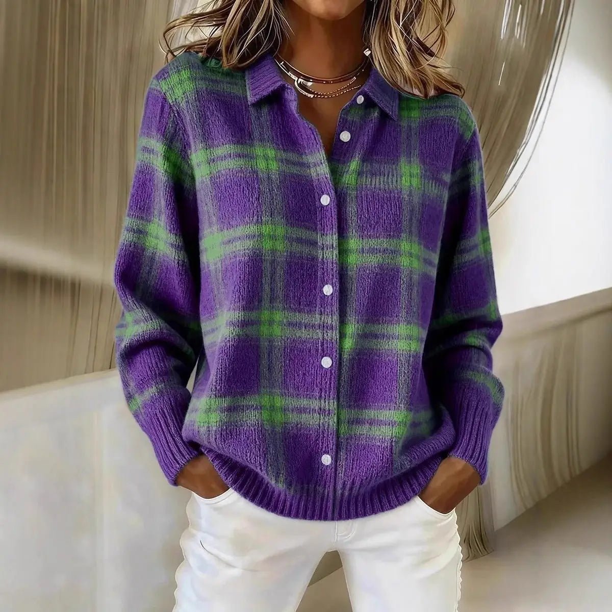 Plaid Collared Button Front Oversized Knit Sweater | Purple