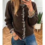 Plaid Ruffle Trim Patchwork Button Sweater Cardigan | Chicory Coffee - Juli's Wearable Art