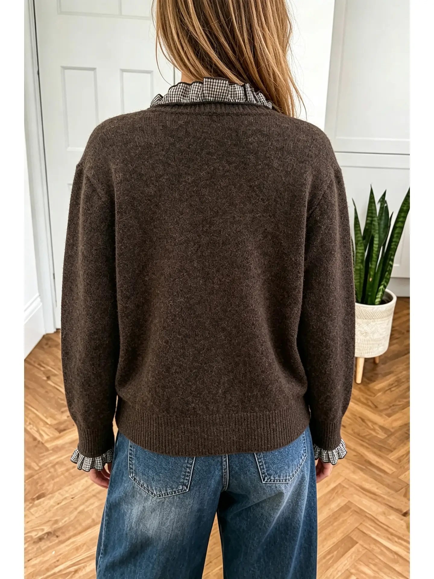 Plaid Ruffle Trim Patchwork Button Sweater Cardigan | Chicory Coffee