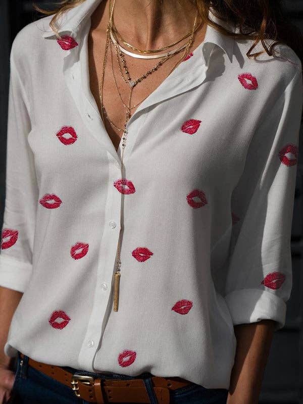 Playful Red Lips Printed Button Blouse