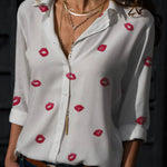 Playful Red Lips Printed Button Blouse - Juli's Wearable Art