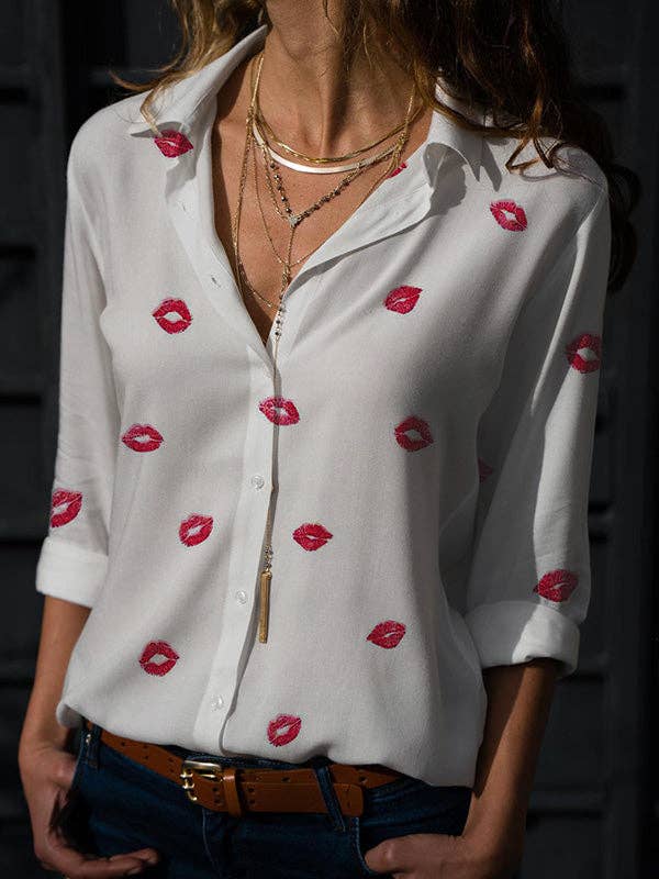 Playful Red Lips Printed Button Blouse - Juli's Wearable Art