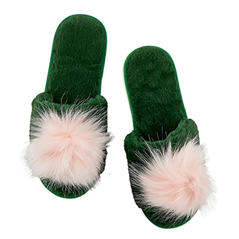 Plush Pom Pom Slippers | Green + Blush - Juli's Wearable Art