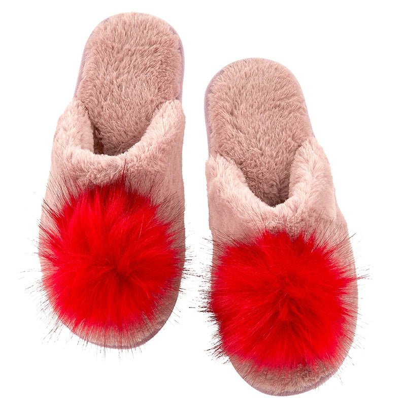 Plush Pom Pom Slippers | Red + Blush - Juli's Wearable Art