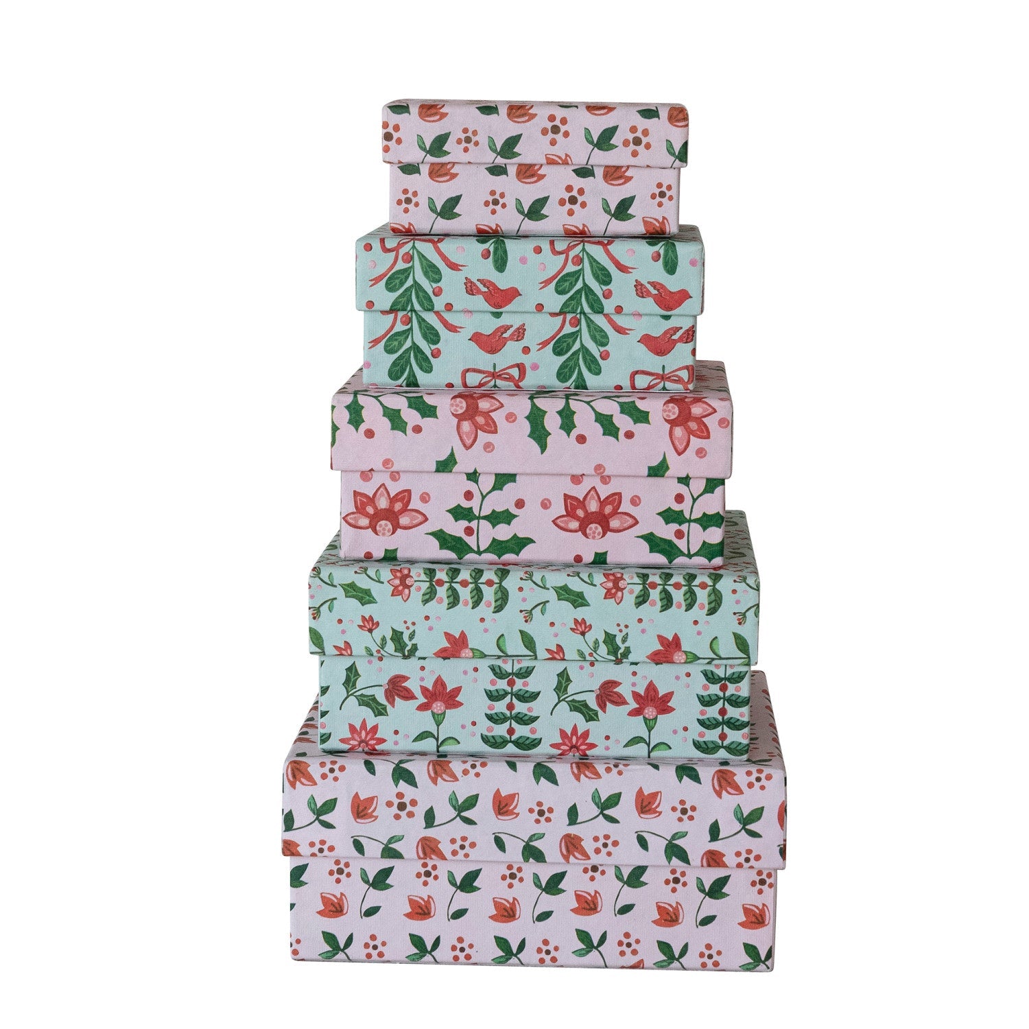 Printed Recycled Paper Holiday Botanical Gift Boxes | Set of 5