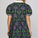 Puff Sleeve Printed Tiered Mini Dress with Rib - Band Collar - Juli's Wearable Art