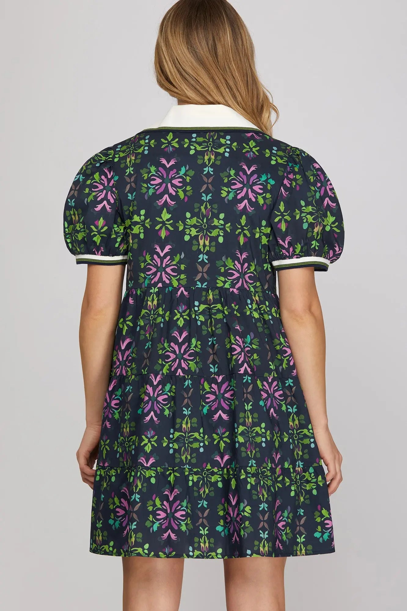 Puff Sleeve Printed Tiered Mini Dress with Rib-Band Collar