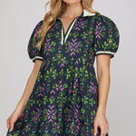 Puff Sleeve Printed Tiered Mini Dress with Rib - Band Collar - Juli's Wearable Art