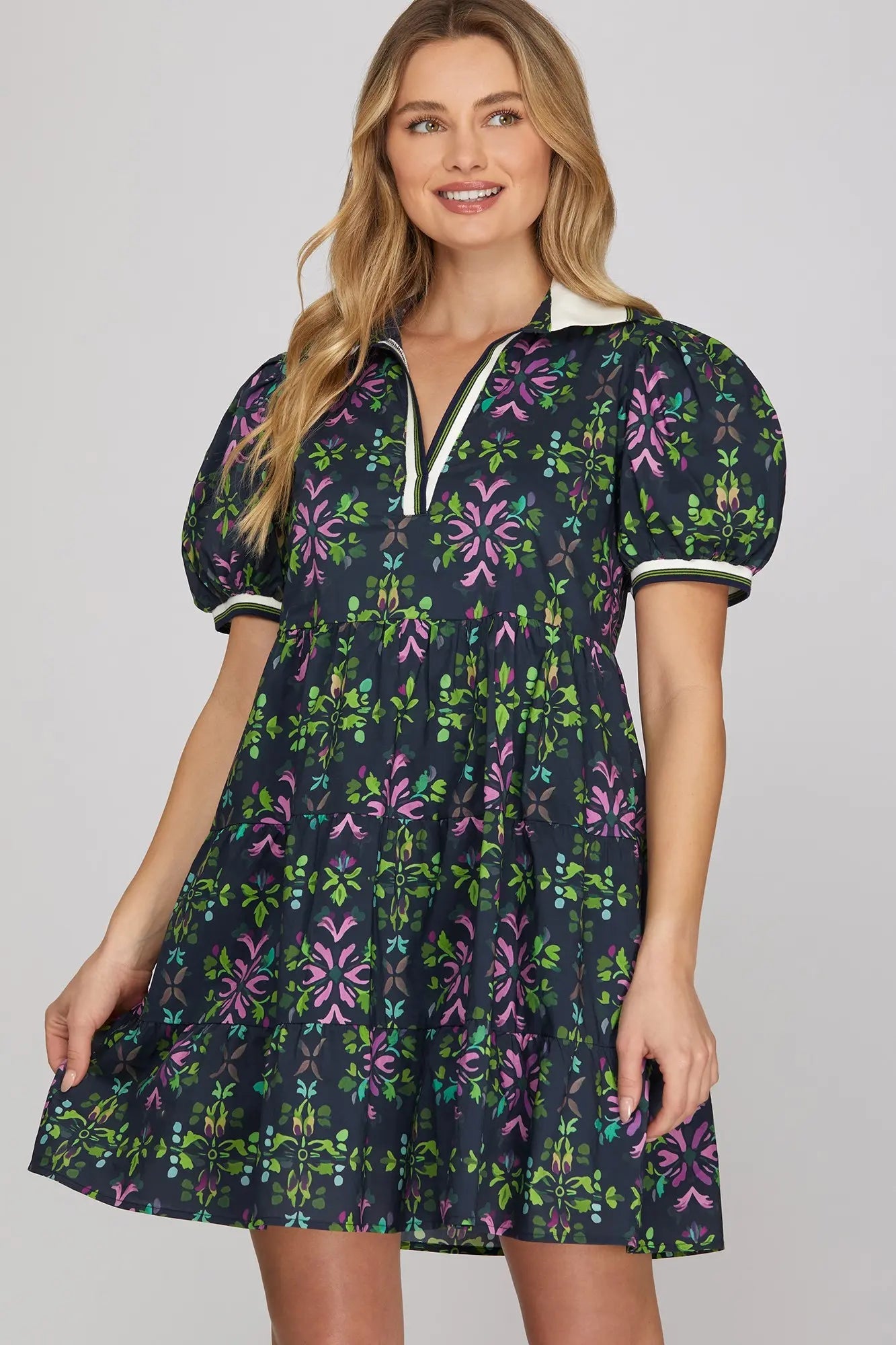 Puff Sleeve Printed Tiered Mini Dress with Rib-Band Collar