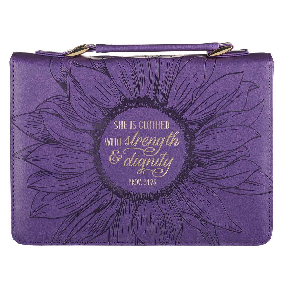 Purple Sunflower Strength & Dignity Faux Leather Fashion Bible Cover - Proverbs 31:25 - Juli's Wearable Art
