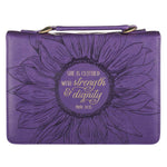 Purple Sunflower Strength & Dignity Faux Leather Fashion Bible Cover - Proverbs 31:25 - Juli's Wearable Art