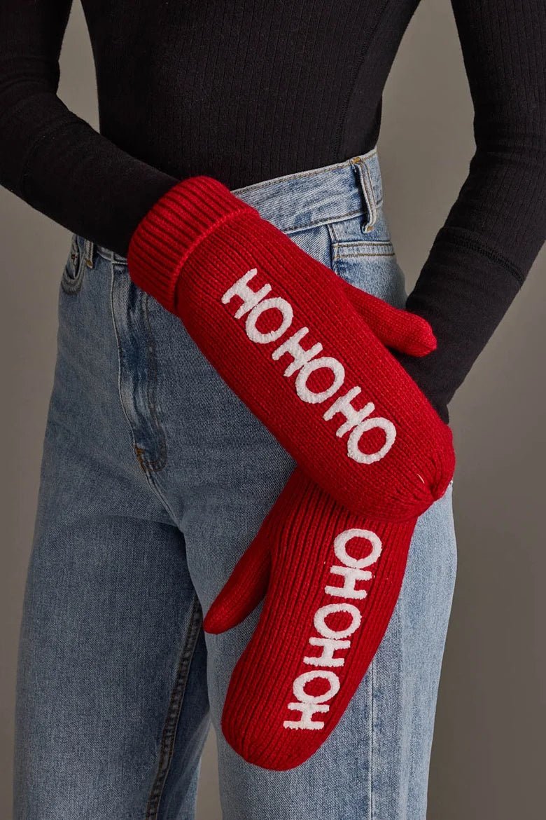 Red "Ho Ho Ho" Knit Mittens - Juli's Wearable Art