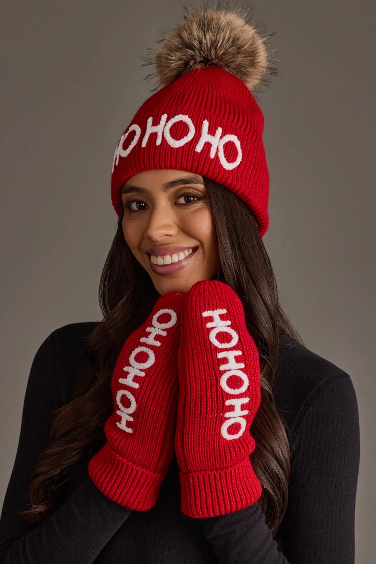 Red "Ho Ho Ho" Knit Mittens - Juli's Wearable Art