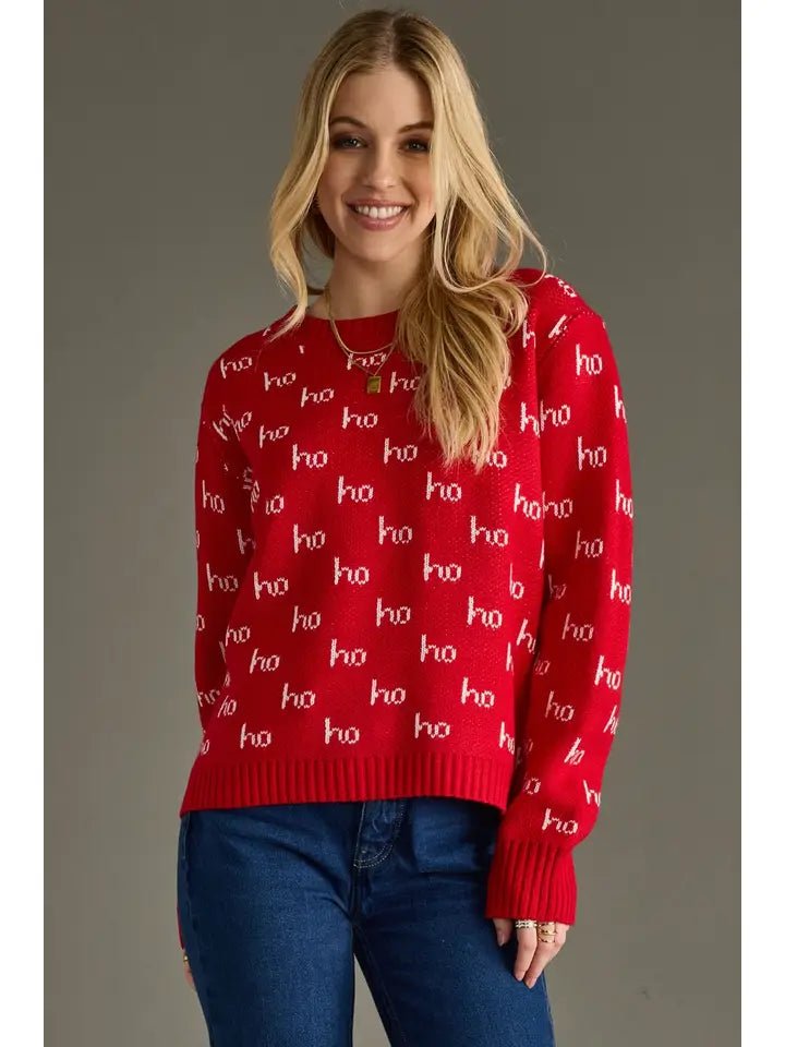 Red Knit “Ho Ho Ho” Holiday Sweater - Juli's Wearable Art