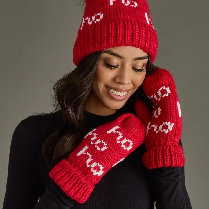 Red Knit Mittens – “Ho Ho Ho” Design - Juli's Wearable Art