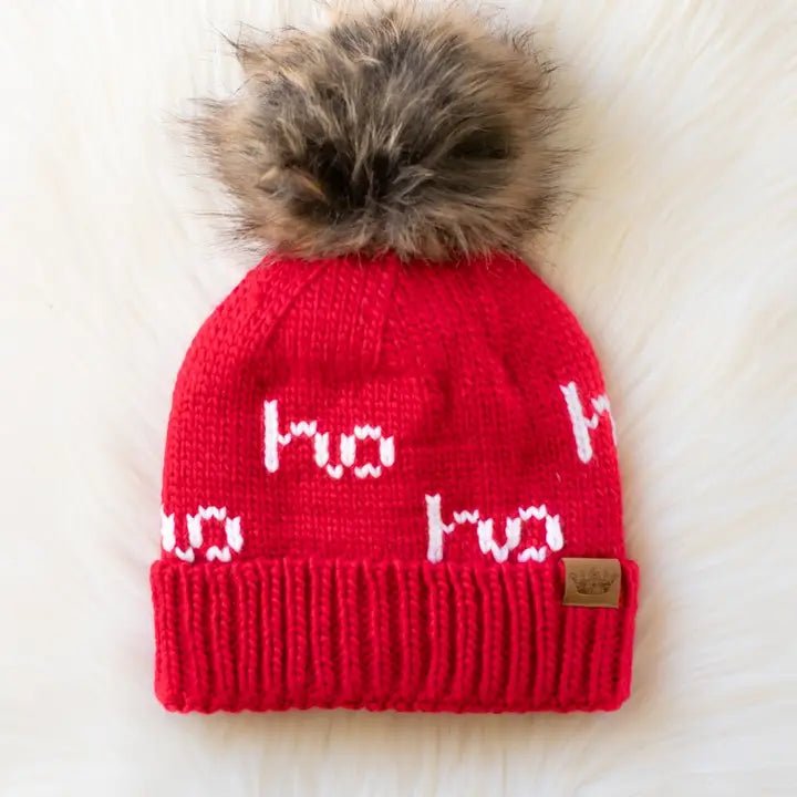 Red Knit Pom Hat – “Ho Ho Ho” Design - Juli's Wearable Art