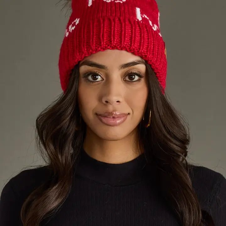 Red Knit Pom Hat – “Ho Ho Ho” Design - Juli's Wearable Art