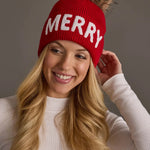 Red “Merry” Knit Pom Hat - Juli's Wearable Art