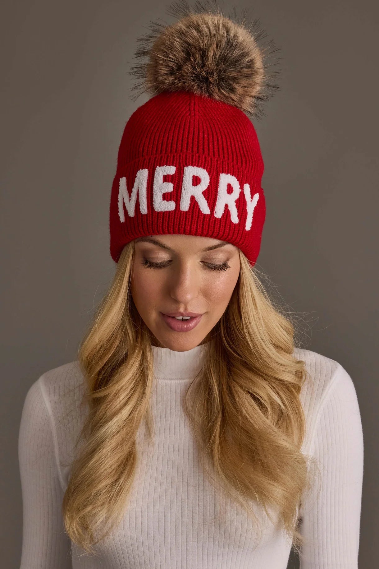 Red “Merry” Knit Pom Hat - Juli's Wearable Art