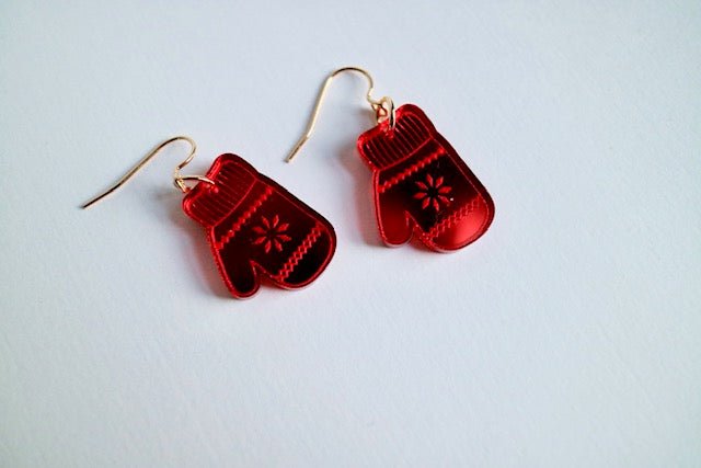 Red Mitten Acrylic Earrings with Snowflakes - Juli's Wearable Art