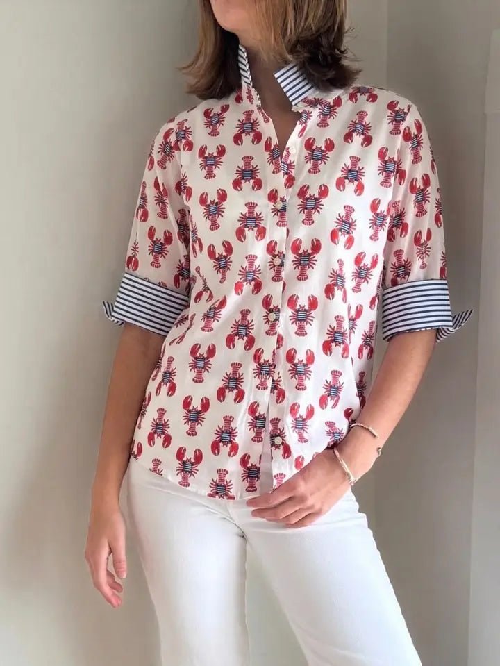 Red & Navy Lobster Print Blouse