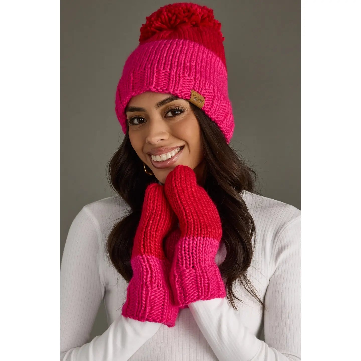 Red & Pink Color Block Knit Hat with Pom - Juli's Wearable Art
