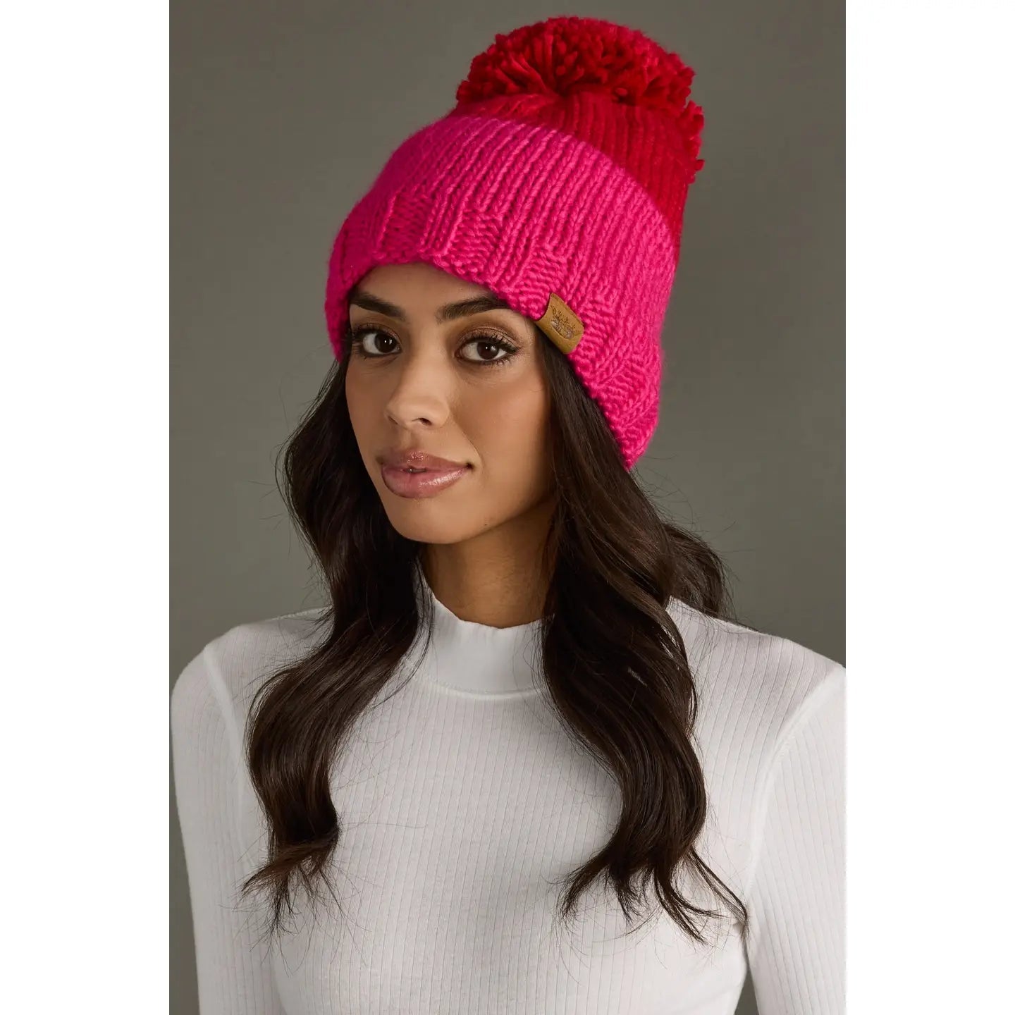 Red & Pink Color Block Knit Hat with Pom - Juli's Wearable Art