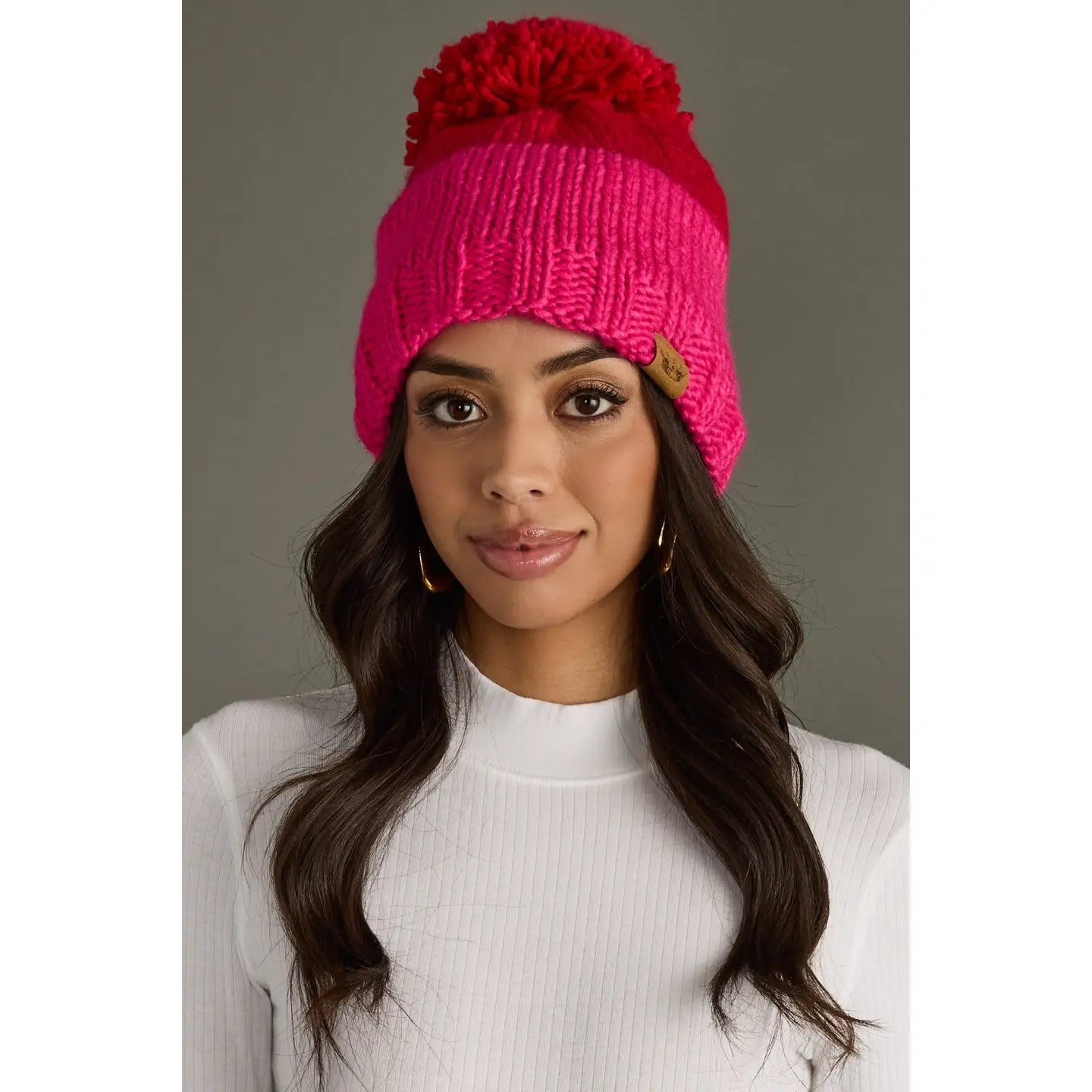 Red & Pink Color Block Knit Hat with Pom - Juli's Wearable Art