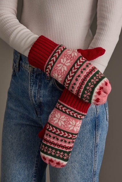 Red, Pink & Green Christmas Pattern Knit Mittens - Juli's Wearable Art