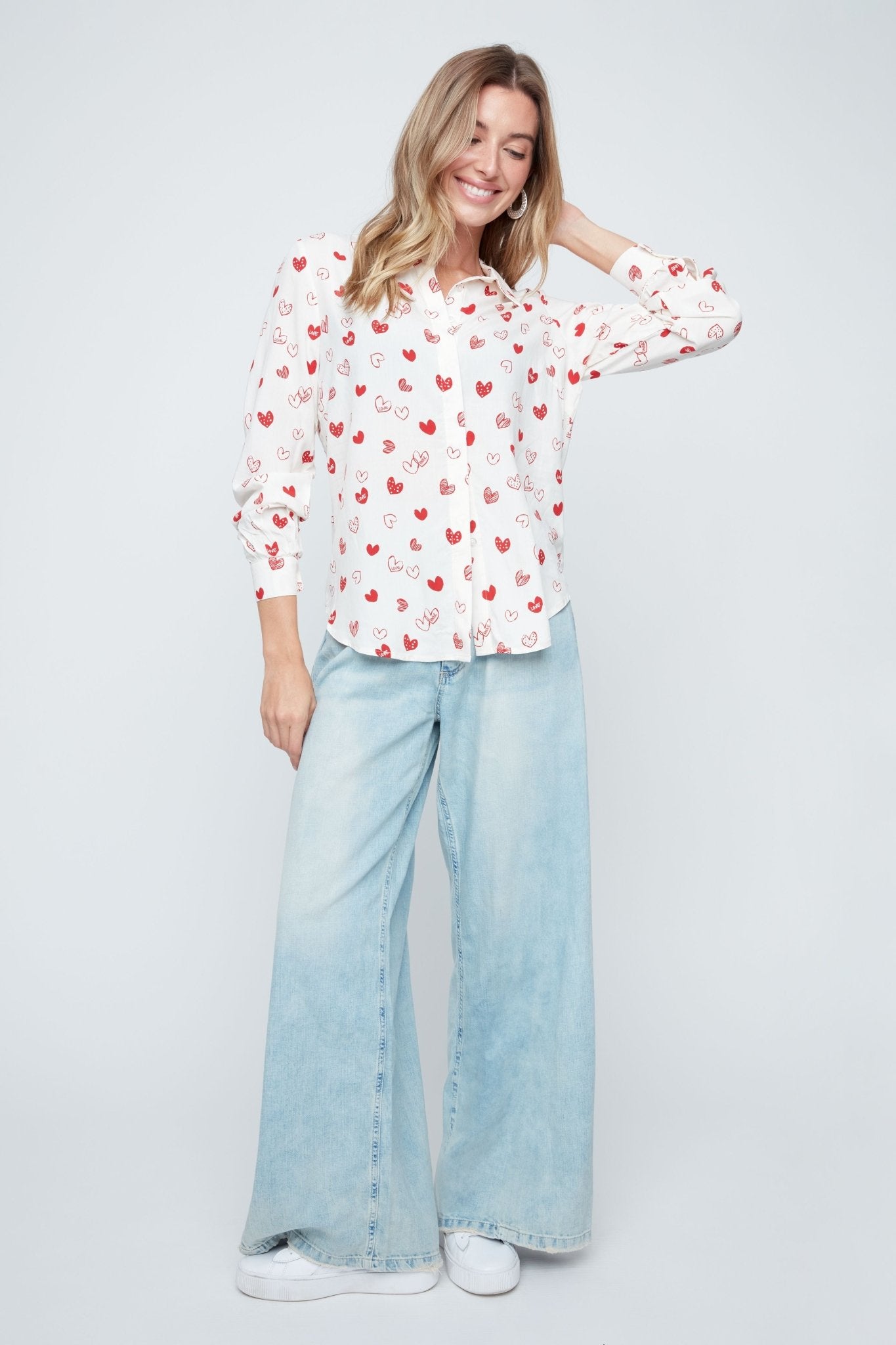 Renuar Button Blouse with Heart Prints - Juli's Wearable Art