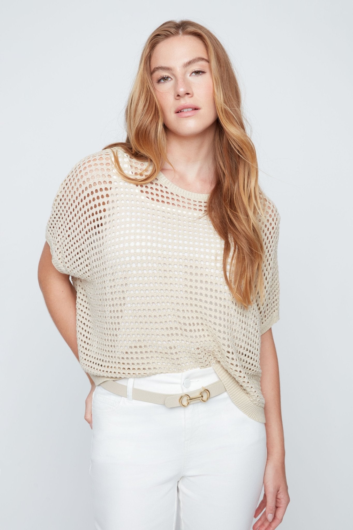 Renuar Crochet Knit Top with Gold Thread