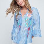 Renuar Embroidered Fancy Stripe Top | Blue Combo - Juli's Wearable Art