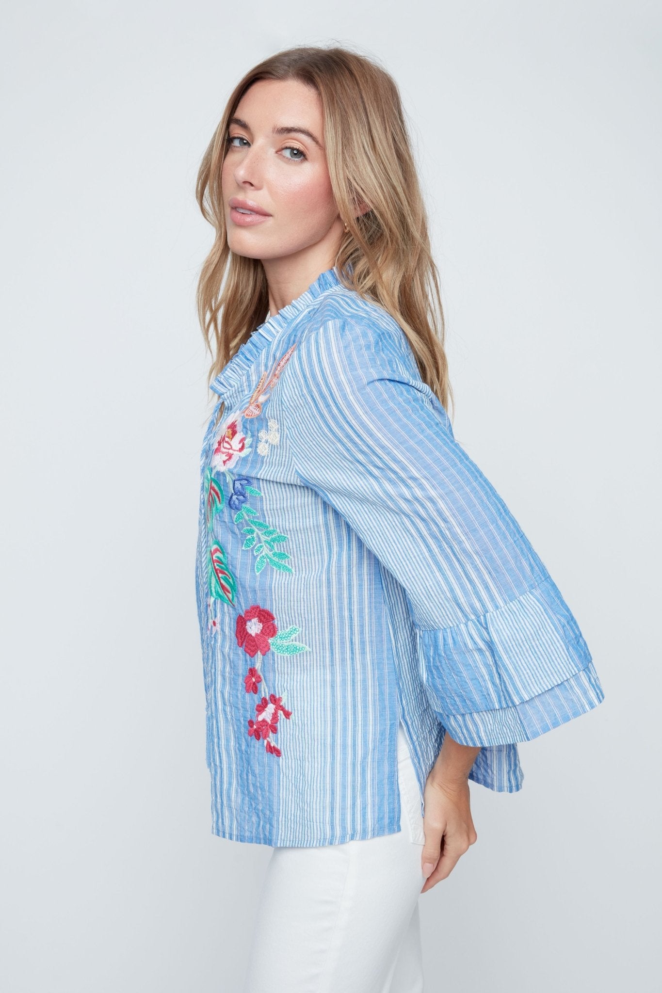 Renuar Embroidered Fancy Stripe Top | Blue Combo - Juli's Wearable Art