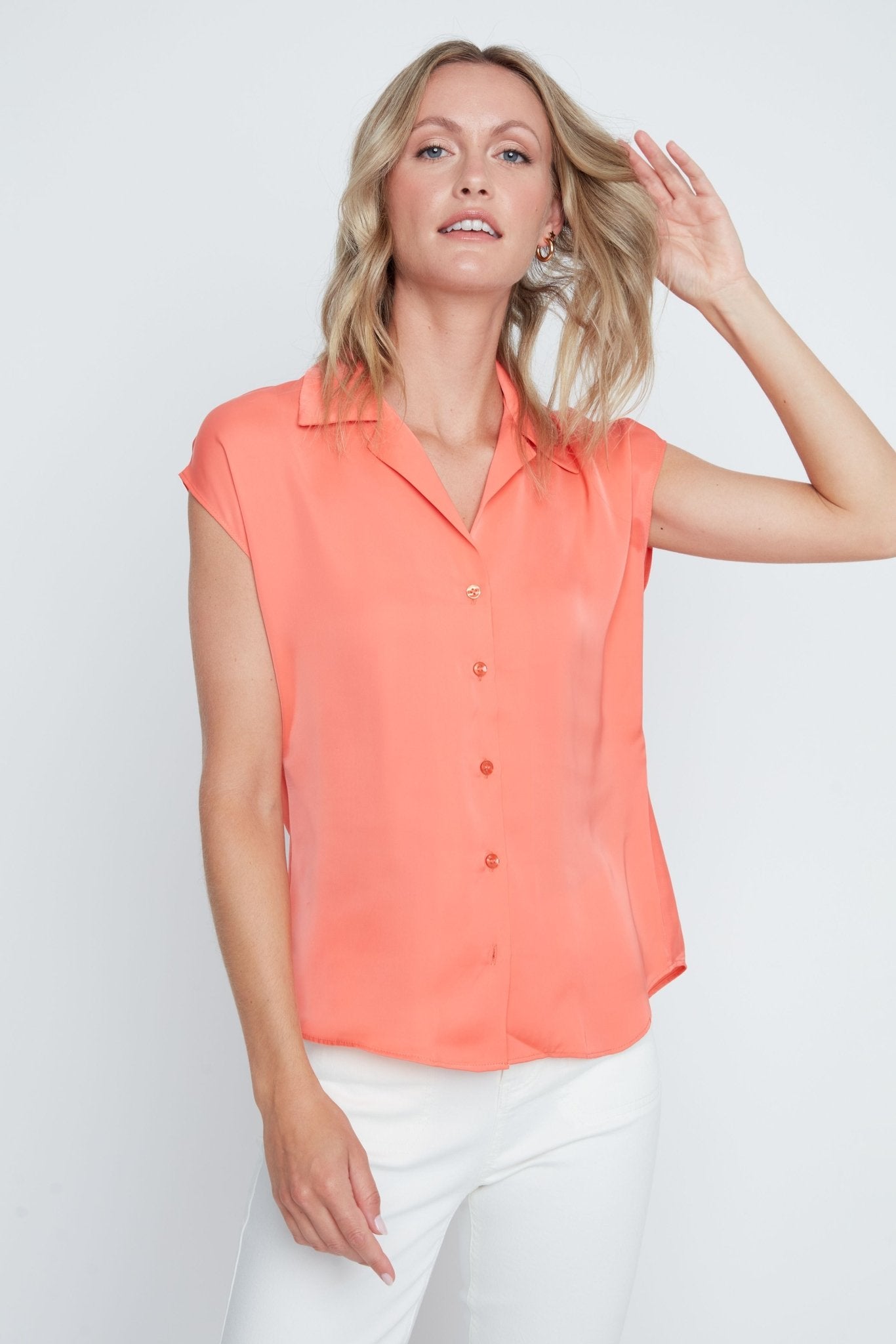 Renuar Luxe Satin Blouse | Neon Coral