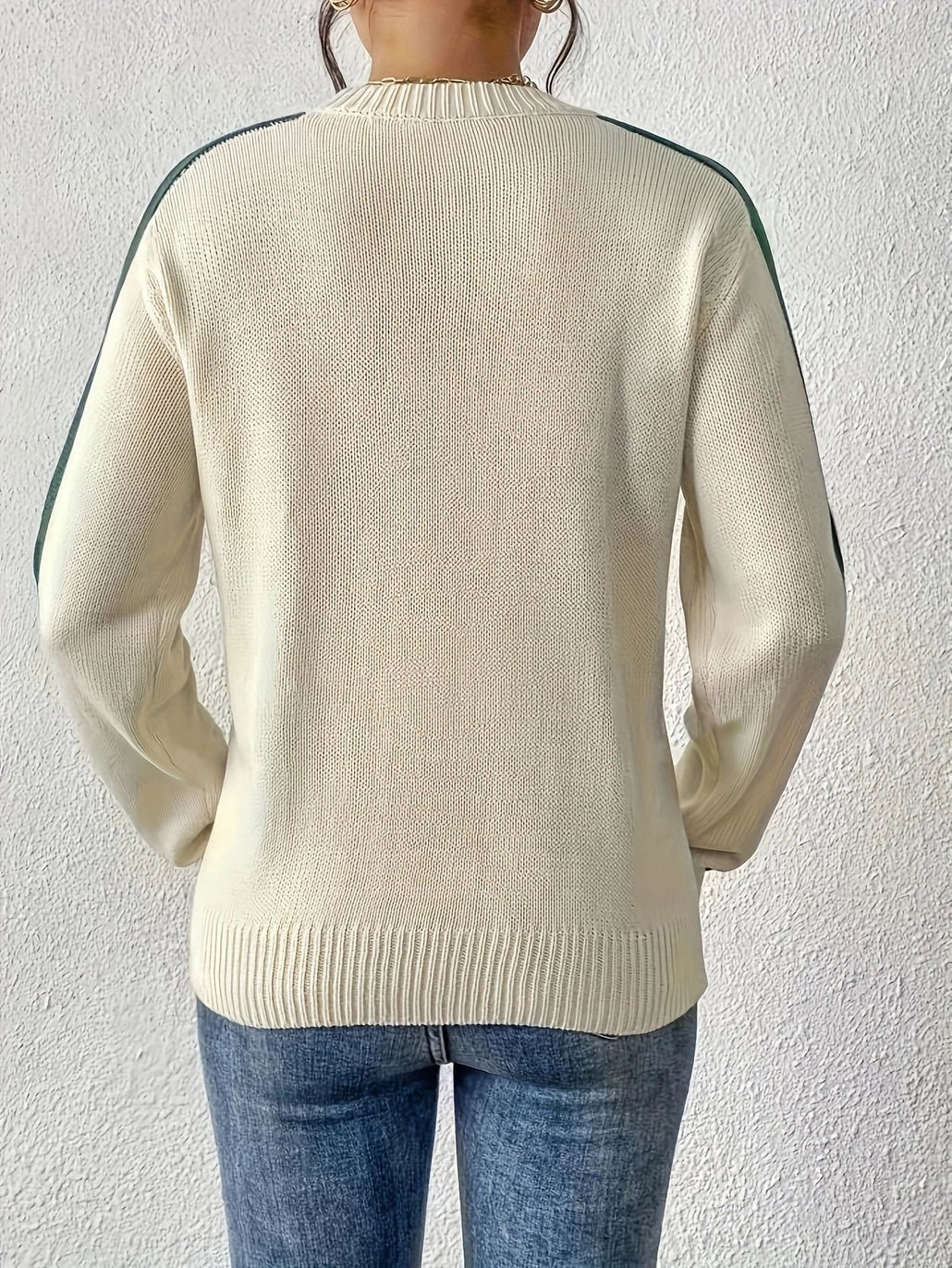 Retro Vibe Rainbow Sleeves Ribbed Neck Knit Sweater - Juli's Wearable Art