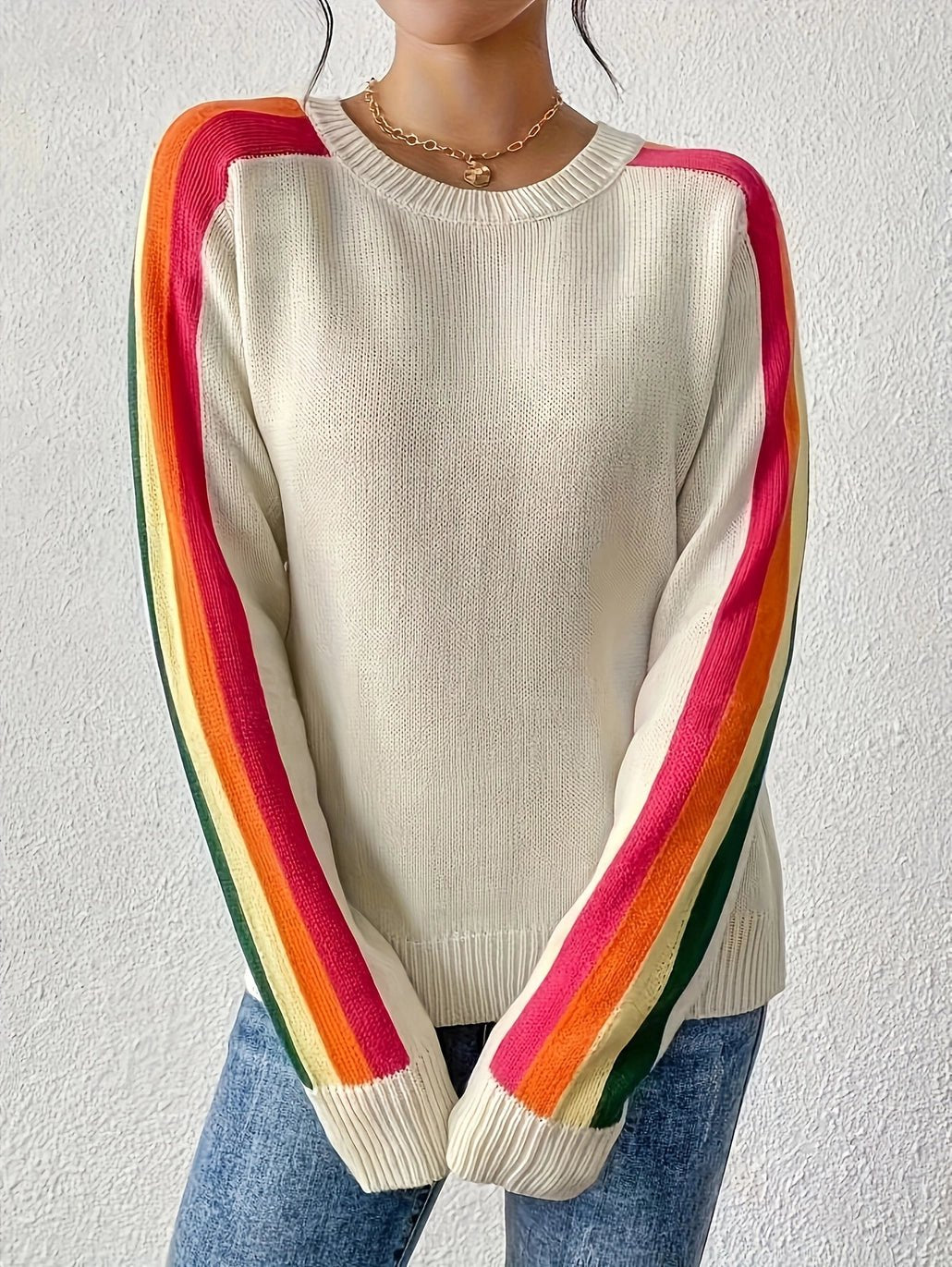 Retro Vibe Rainbow Sleeves Ribbed Neck Knit Sweater - Juli's Wearable Art