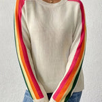 Retro Vibe Rainbow Sleeves Ribbed Neck Knit Sweater - Juli's Wearable Art