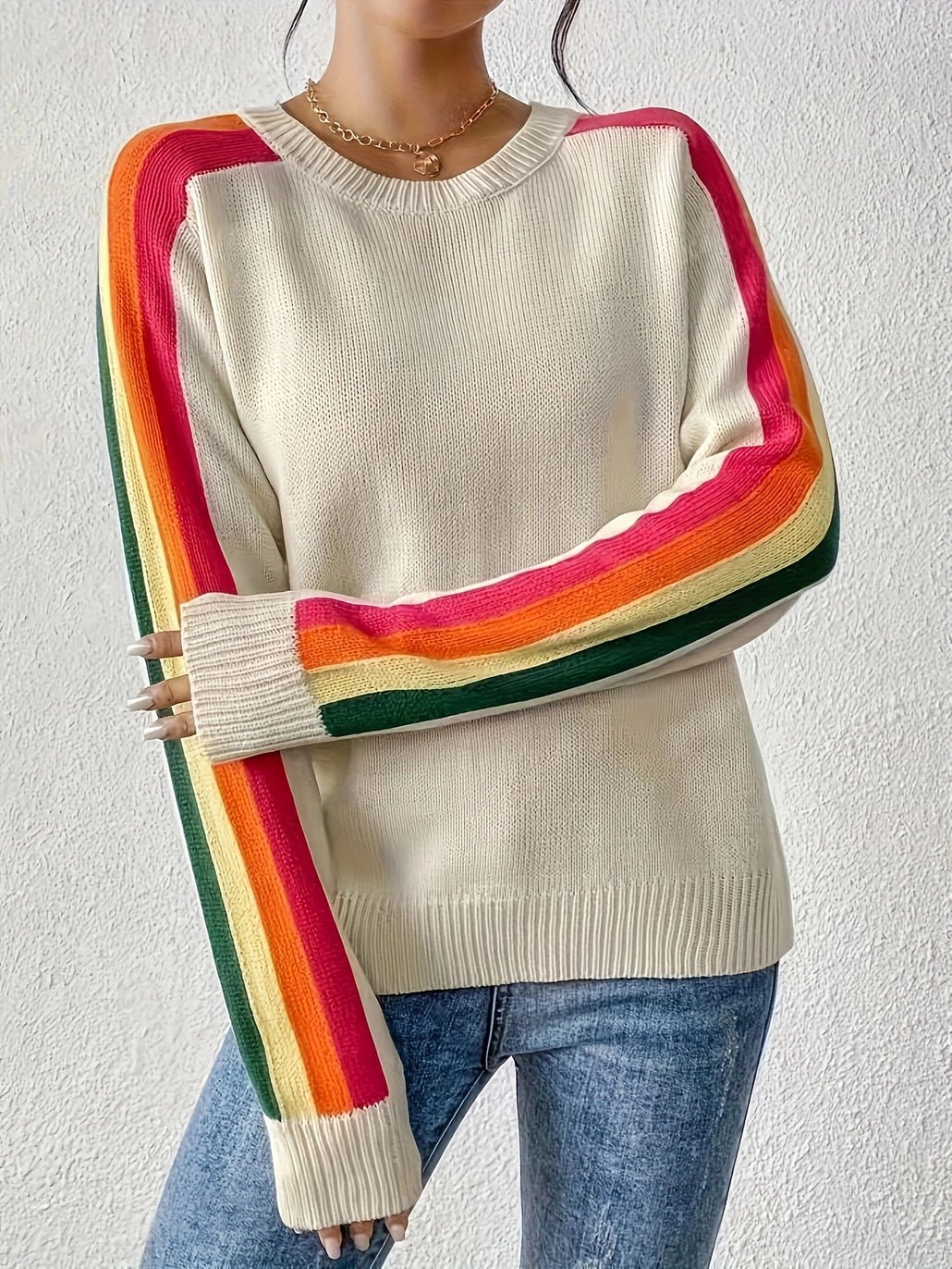 Retro Vibe Rainbow Sleeves Ribbed Neck Knit Sweater