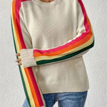 Retro Vibe Rainbow Sleeves Ribbed Neck Knit Sweater - Juli's Wearable Art