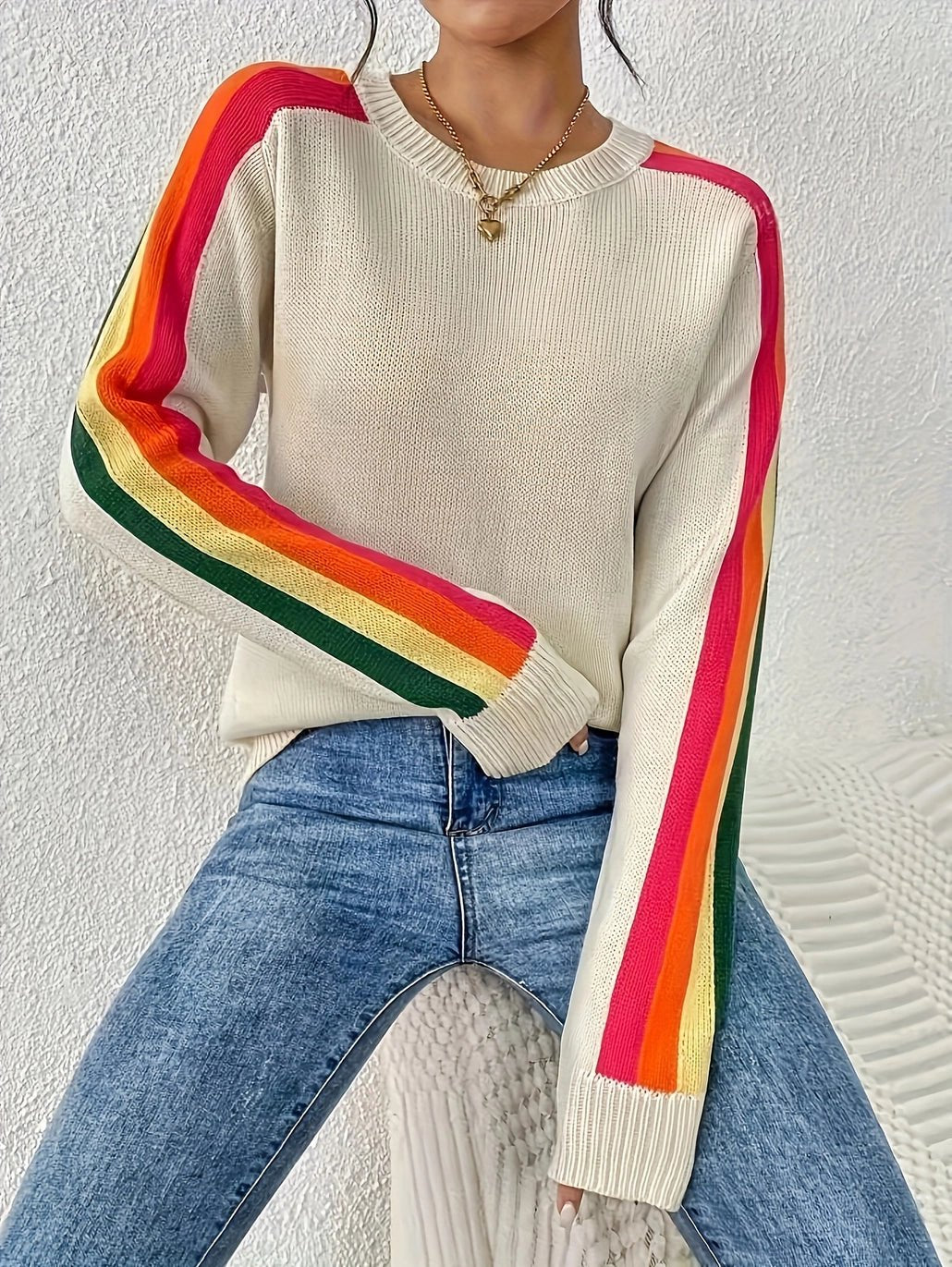 Retro Vibe Rainbow Sleeves Ribbed Neck Knit Sweater - Juli's Wearable Art