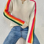 Retro Vibe Rainbow Sleeves Ribbed Neck Knit Sweater - Juli's Wearable Art