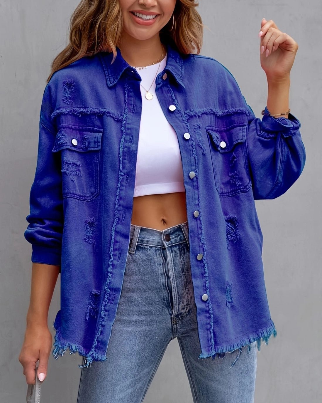 Ripped Long-Sleeved Denim Jacket